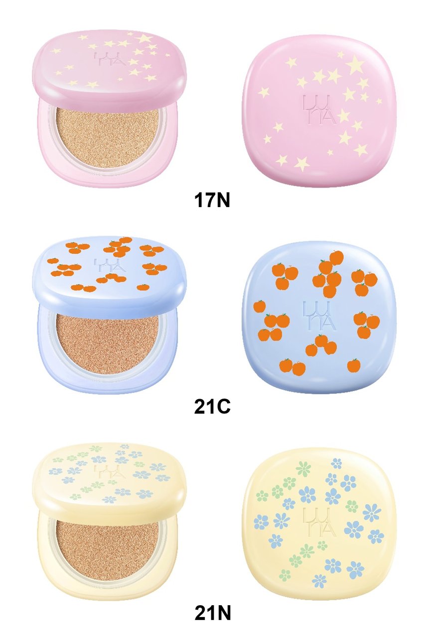 LUNA×FINCAコラボ限定コレクションの全アイテムを一覧で並べたフラットレイ。リップ・アイシャドウ・チークなど各コスメのテクスチャーや色味、限定パッケージのデザインディテールが細部まで確認できる。